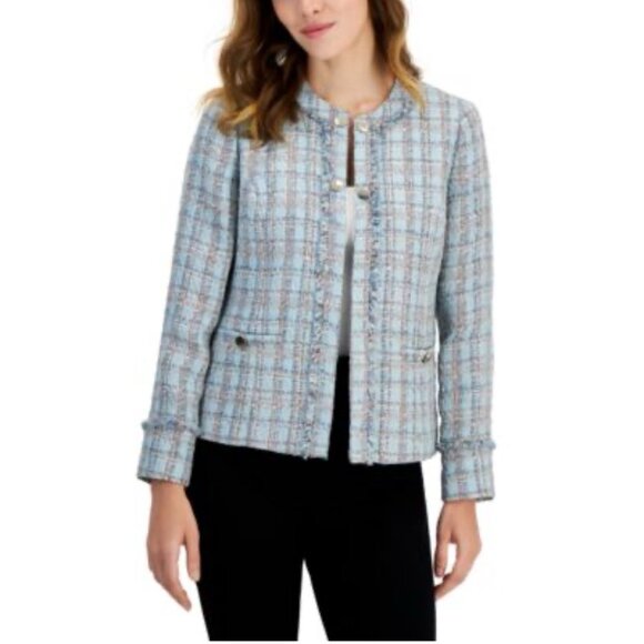 Ann Klein Tweed Double Breasted Blazer Jacket 14 Preppy Blue Pink Multi Metallic - Picture 1 of 16